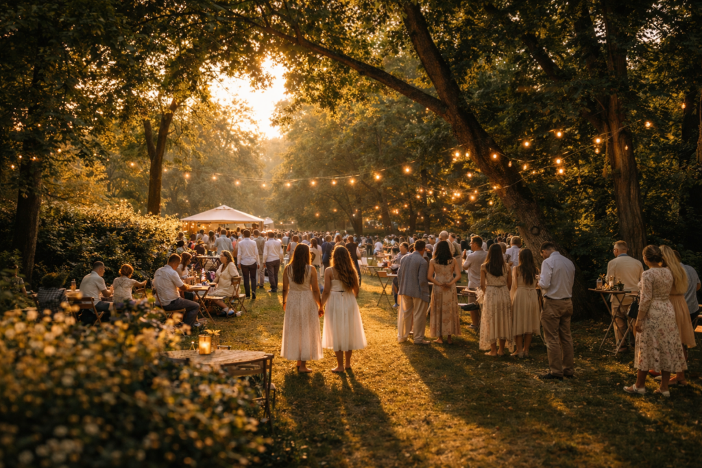Menschen beim abendlichen Parkfest in der Mittsommerremise